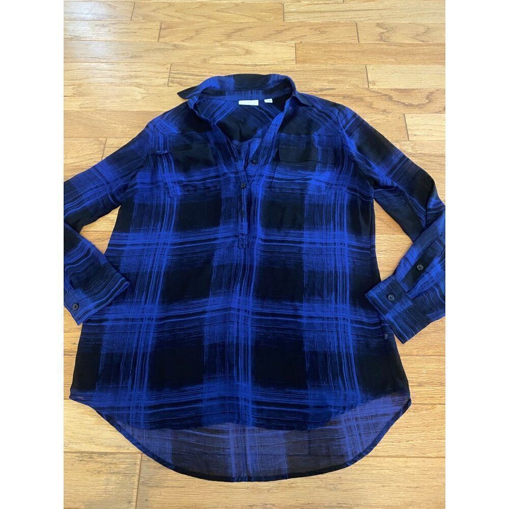 New York & Company womens Blue Plaid Sheer Button-Up collared Blouse size Medium
